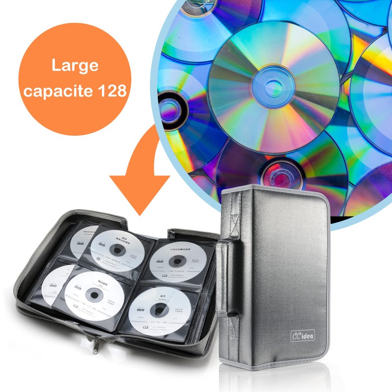 CCidea CD Case DVD Storage Holder, 128 Capacity DVD Cases Organizer CD Plastic Protective Carrying Binder,Portable Cd Wallet for Home Travel (Gray) - Image 2